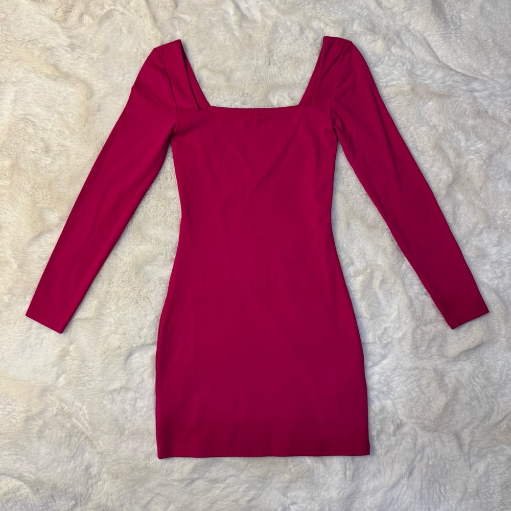 Aritzia Babaton Pink Ribbed Bodycon Dress with Long Sleeves and Square Neckline